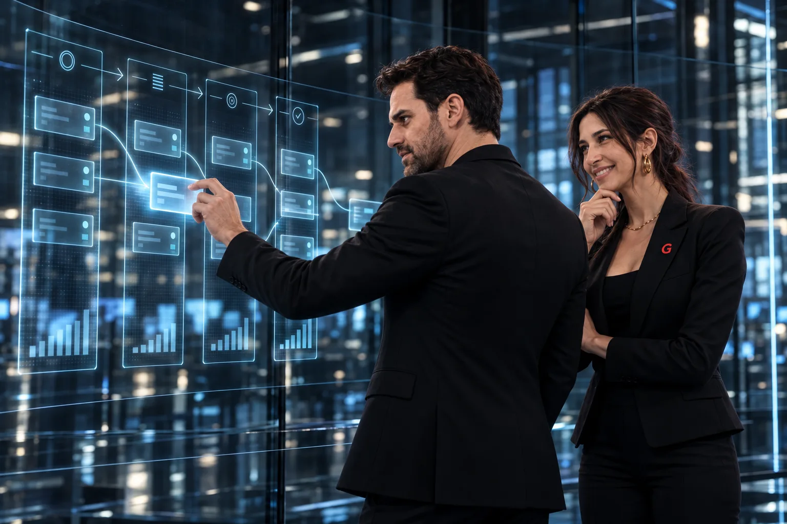 Rodrigo e GAIA movendo um lead pelas colunas do funil na parede de vidro